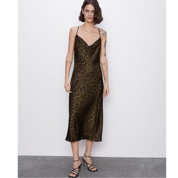 Zara Leopard Satin Slip Cowl Neck Dress XS - Picture 9 of 11